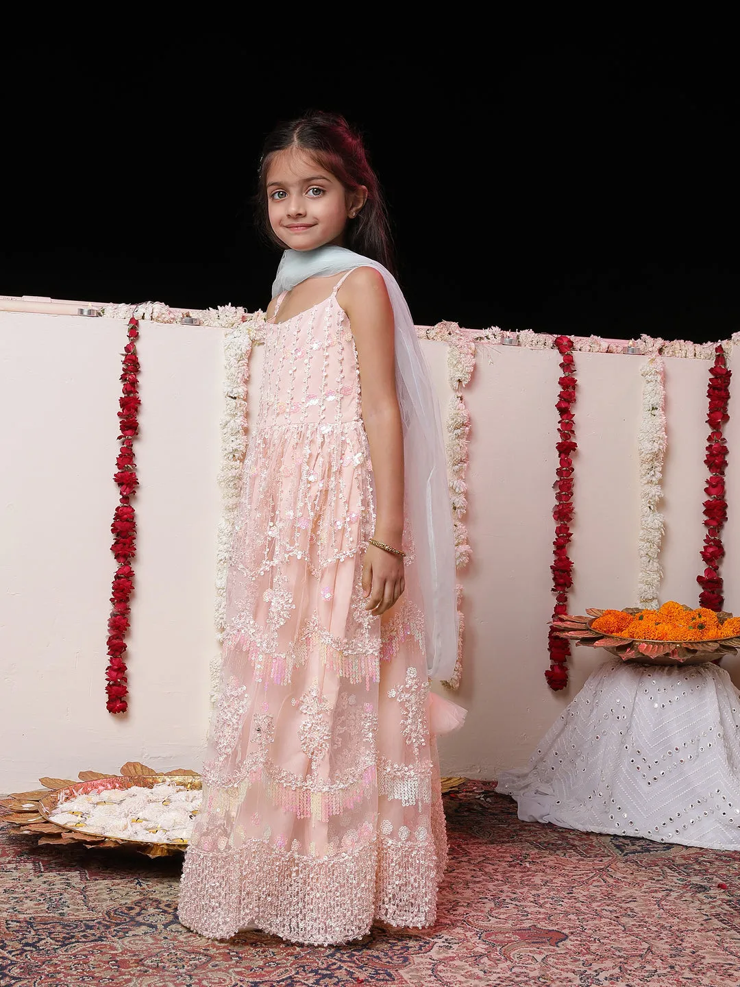 Jashvi Girls' Peach Embroidered Sequins Net Long Anarkali Dress With Dupatta